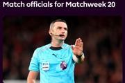 英超第20轮裁判:奥利弗执法曼城vs切尔西