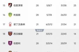 Opta预测英超降级概率：狼队99%、伯恩利93%、西汉姆89%